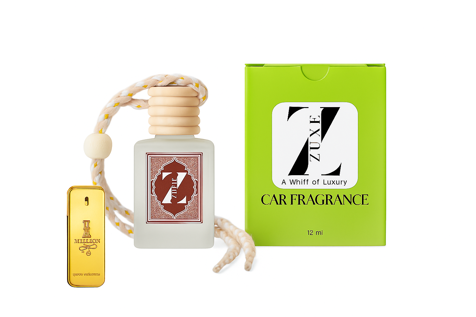 ZUXE (ONE MILLION) Hanging Car Air Freshener | Car Accessories Interior | Car Perfume Aroma with Essential Oils Fragrance in Glass Bottle with Wooden Diffuser | 12 ml